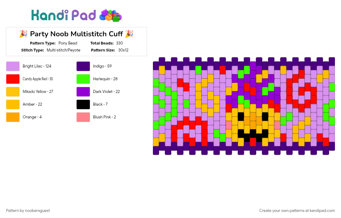 🎉 Party Noob Multistitch Cuff 🎉 - Pony Bead Pattern by nooberxguest on Kandi Pad - green, multistitch cuff, party noob, pink, poob, purple, red, regretevator, yellow