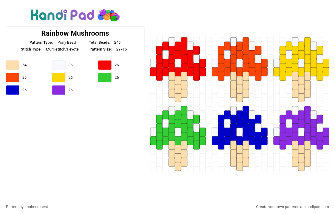 Rainbow Mushrooms - Pony Bead Pattern by nooberxguest on Kandi Pad - red,beige,purple,mushroom,cottagecore,rainbow