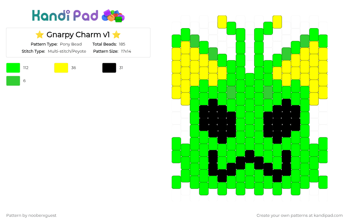 ⭐️ Gnarpy Charm v1 ⭐️ - Pony Bead Pattern by nooberxguest on Kandi Pad - alien, cat, charm, gnarpy, green, regretevator