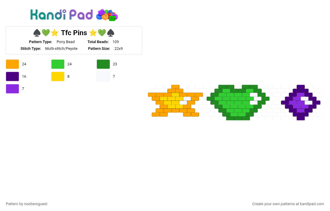 ♠️💚⭐️ Tfc Pins ⭐️💚♠️ - Pony Bead Pattern by nooberxguest on Kandi Pad - charms, circus, green, orange, pins, purple, tfc, yellow