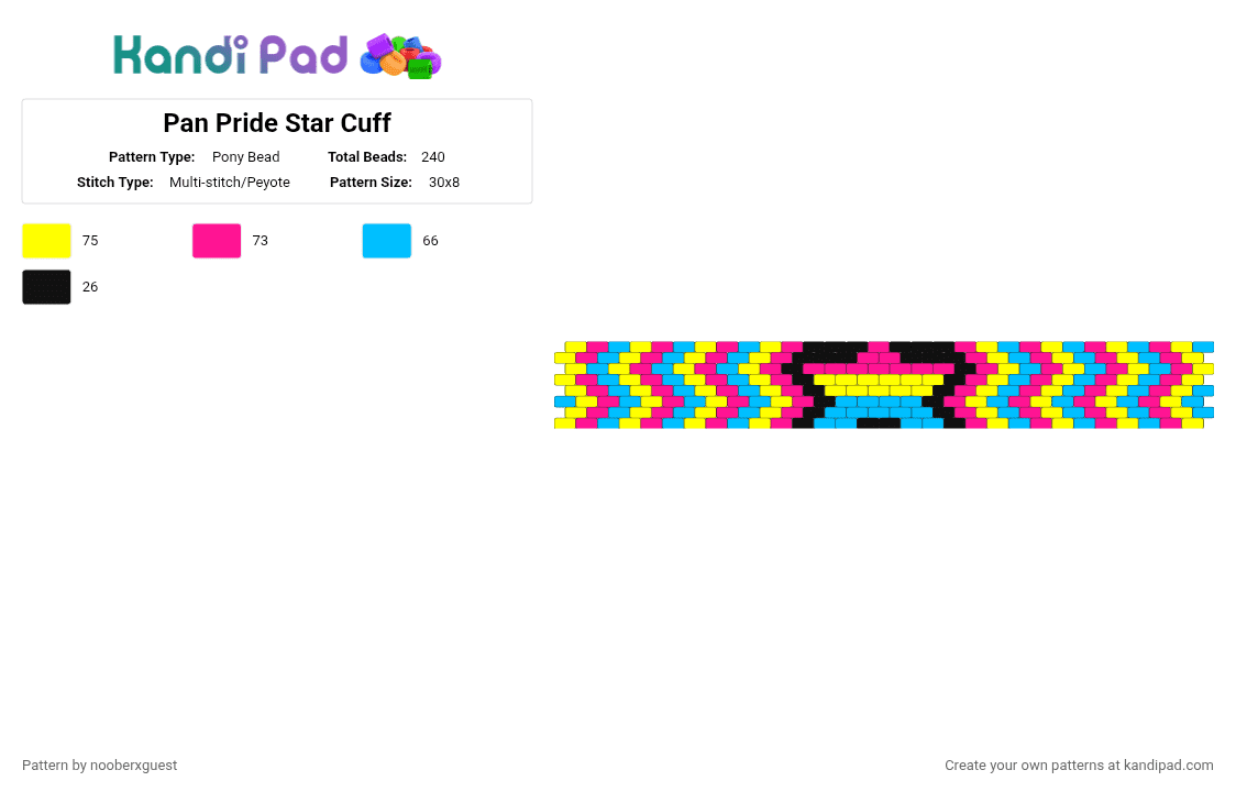 Pan Pride Star Cuff - Pony Bead Pattern by nooberxguest on Kandi Pad - pink,yellow,pride,star,cuff,pan