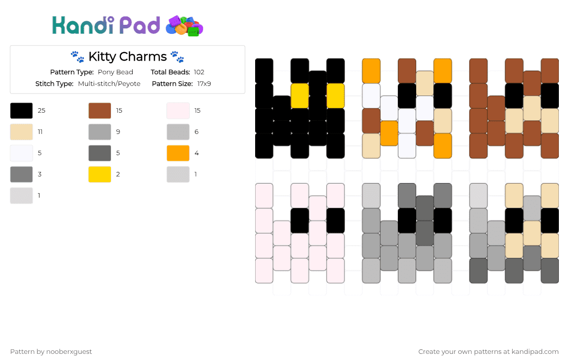 🐾 Kitty Charms 🐾 - Pony Bead Pattern by nooberxguest on Kandi Pad - red,beige,kitty,small,cute,charm