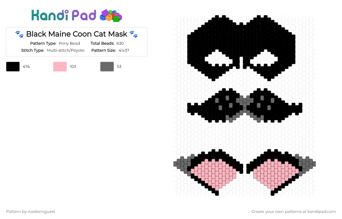 🐾 Black Maine C00n Cat Mask 🐾 - Pony Bead Pattern by nooberxguest on Kandi Pad - black,gray,pink,mainecoon,cat,mask,therian