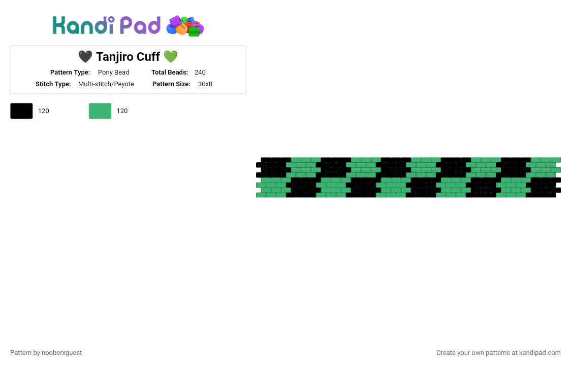 🖤 Tanjiro Cuff 💚 - Pony Bead Pattern by nooberxguest on Kandi Pad - black,green,tanjiro,demonslayer,cuff,checkered