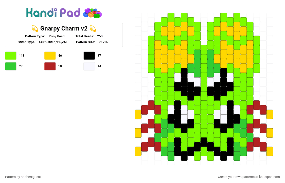 💫 Gnarpy Charm v2 💫 - Pony Bead Pattern by nooberxguest on Kandi Pad - alien, cat, charm, gnarpy, green, regretevator