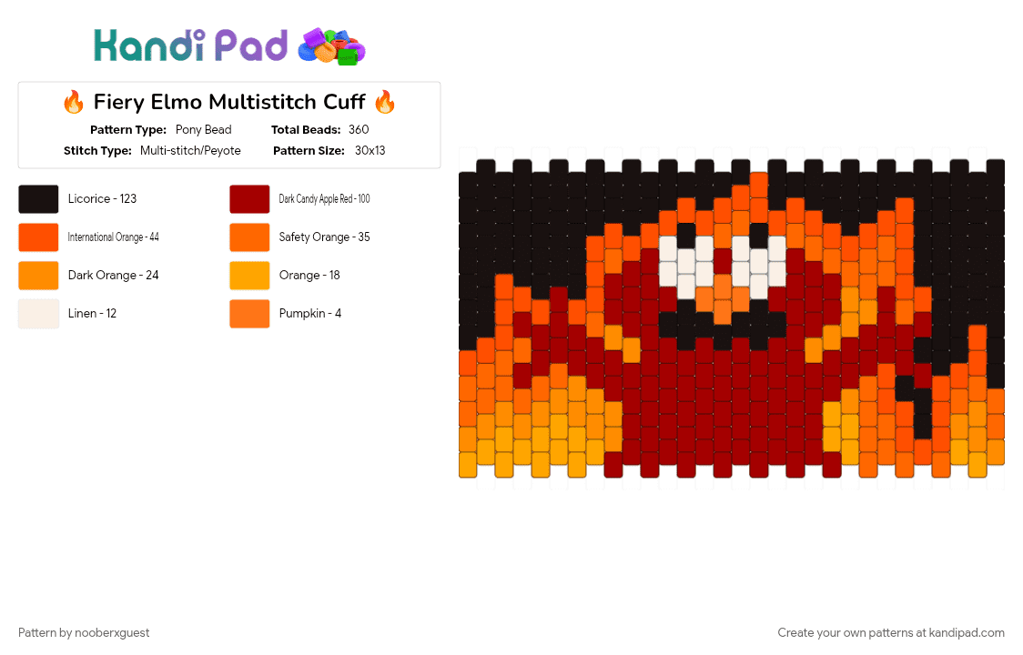 🔥 Fiery Elmo Multistitch Cuff 🔥 - Pony Bead Pattern by nooberxguest on Kandi Pad - cotdfiery, elmo, fire, meme, multistitch cuff, orange, red