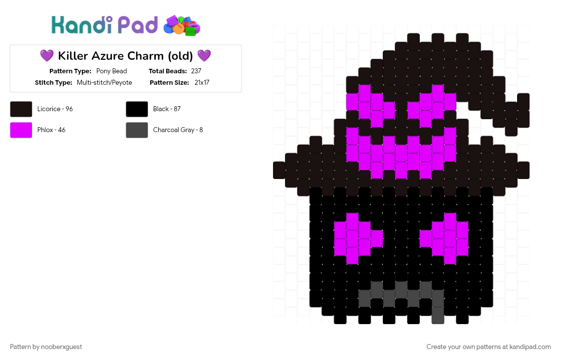 💜 Killer Azure Charm (old) 💜 - Pony Bead Pattern by nooberxguest on Kandi Pad - azure, black, charm, forsaken, killer, pink, purple