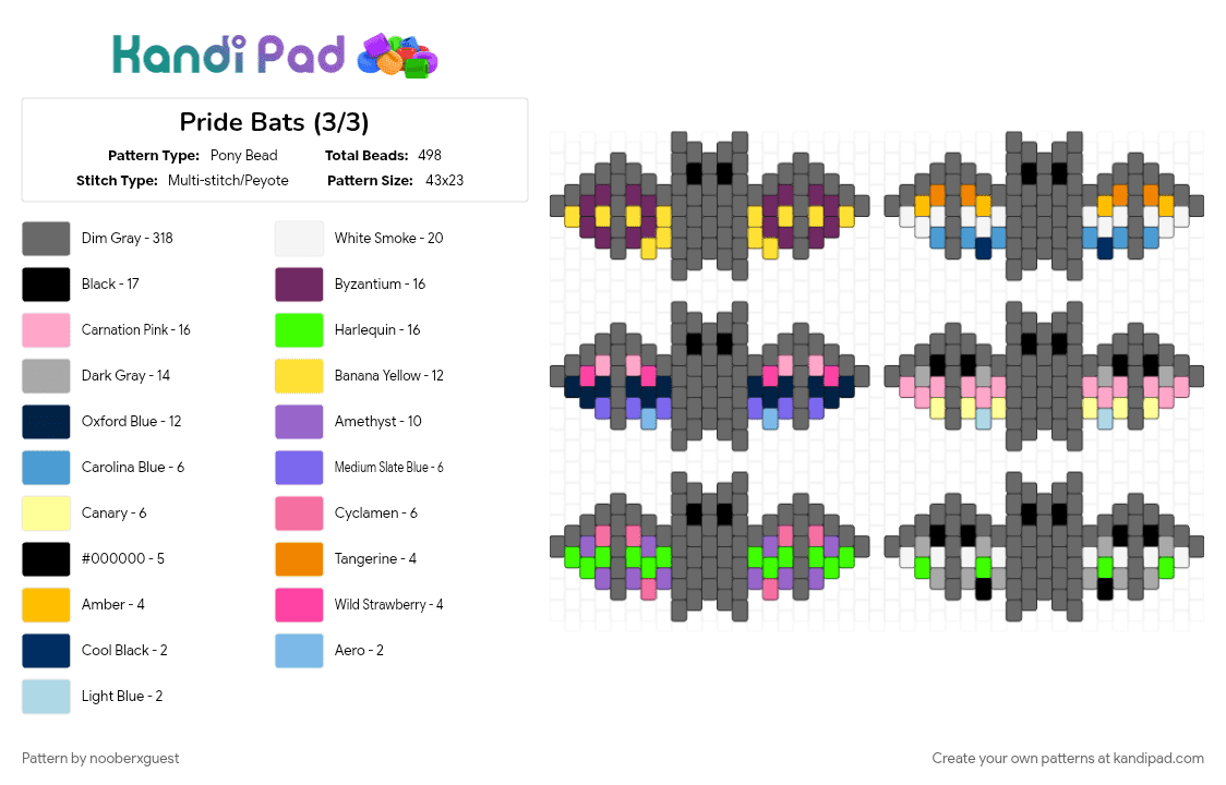 Pride Bats (3/3) - Pony Bead Pattern by nooberxguest on Kandi Pad - bats, charms, flags, gray, pride, rainbow