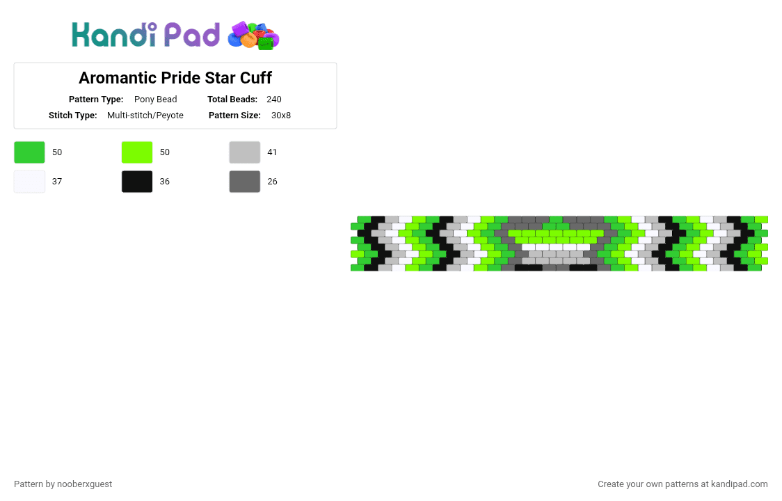Aromantic Pride Star Cuff - Pony Bead Pattern by nooberxguest on Kandi Pad - aromantic, cuff, green, pride, star