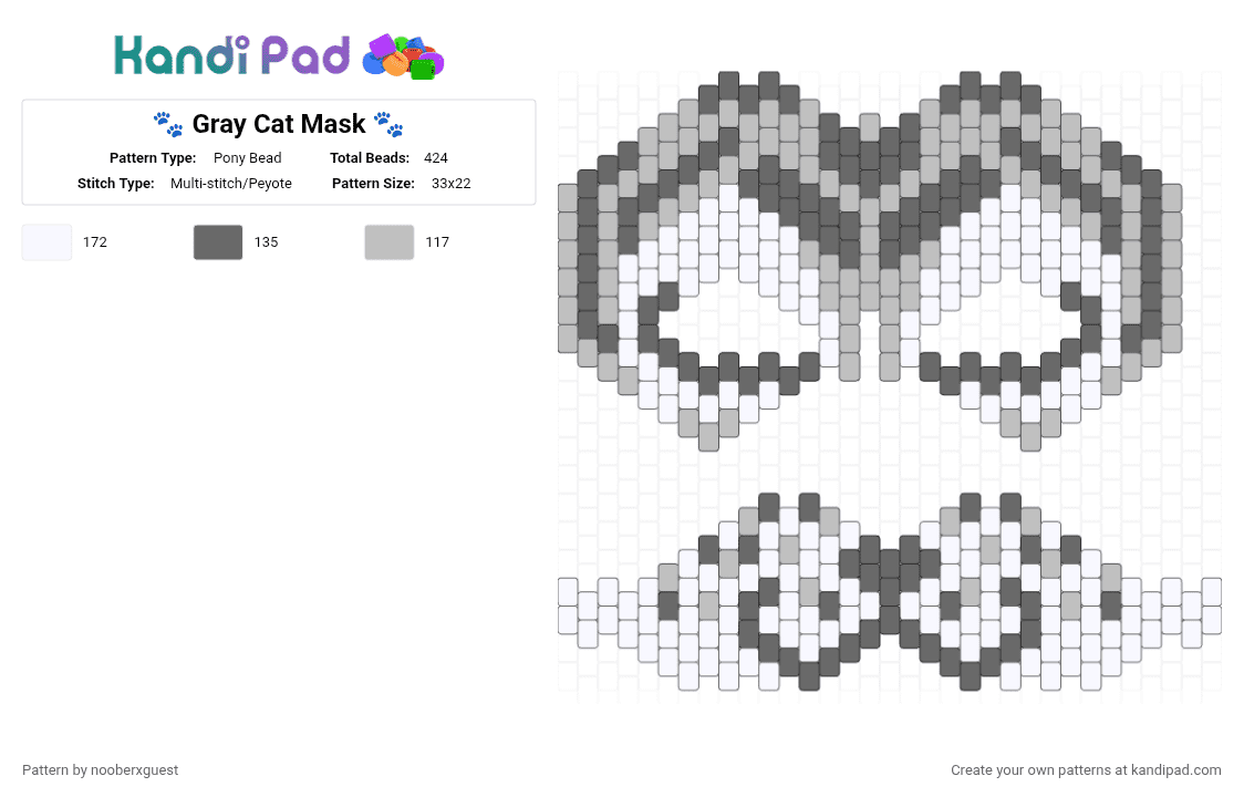 🐾 Gray Cat Mask 🐾 - Pony Bead Pattern by nooberxguest on Kandi Pad - gray,beige,mask,cat,therian,white