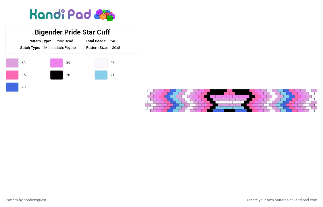 Bigender Pride Star Cuff - Pony Bead Pattern by nooberxguest on Kandi Pad - bigender, cuff, pink, pride, star