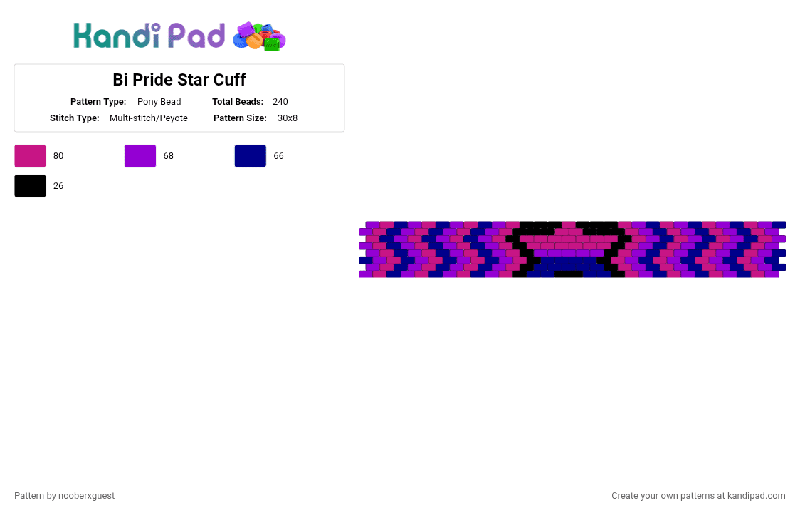 Bi Pride Star Cuff - Pony Bead Pattern by nooberxguest on Kandi Pad - pink,purple,bi,pride,star,cuff