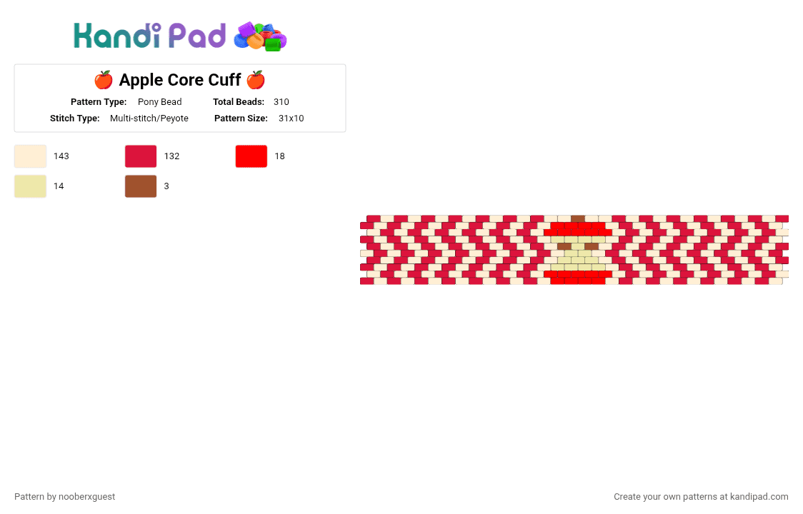 🍎 Apple Core Cuff 🍎 - Pony Bead Pattern by nooberxguest on Kandi Pad - red,beige,applecore,fruit,white,cuff