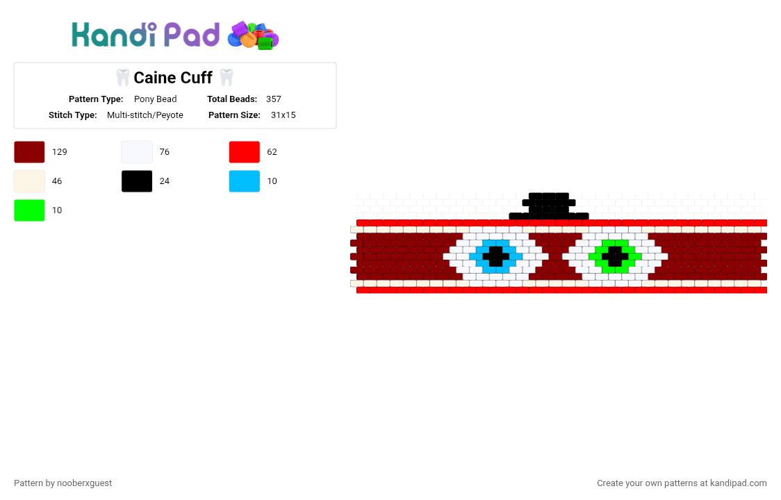 🦷Caine Cuff 🦷 - Pony Bead Pattern by nooberxguest on Kandi Pad - red,caine,tadc,teeth,cuff