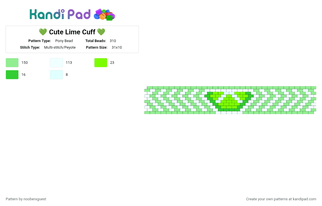 💚 Cute Lime Cuff 💚 - Pony Bead Pattern by nooberxguest on Kandi Pad - teal,lime,green,cuff,white,cute,fruit