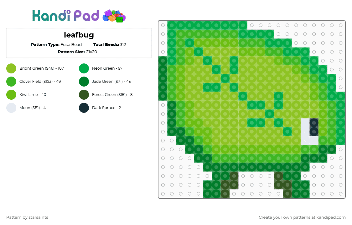 leafbug - Fuse Bead Pattern by starsaints on Kandi Pad - green,leafbug,bluey,insect,animal,leaf,cute,simple
