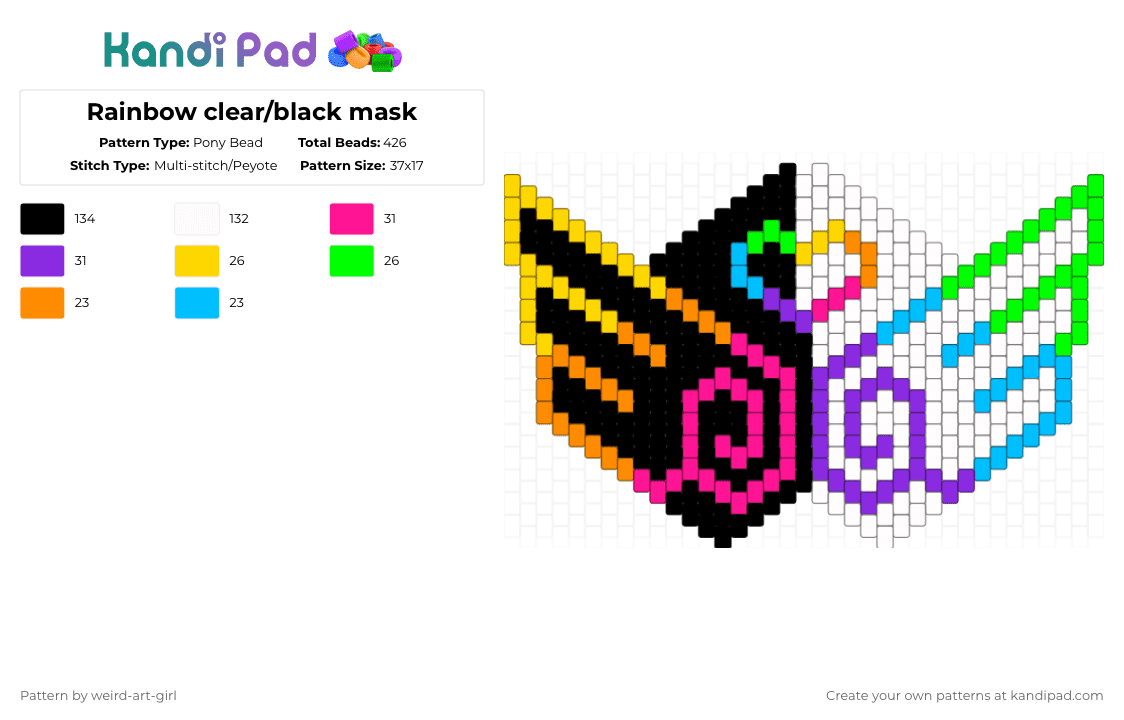 Rainbow clear/black mask - Pony Bead Pattern by weird-art-girl on Kandi Pad - white,green,purple,colorful,rainbow,scene,crazy,wings,mask,wierd