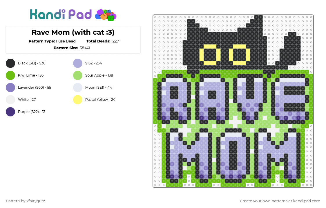 Rave Mom (with cat :3) - Fuse Bead Pattern by xfairygutz on Kandi Pad - animal,black cat,music,pink,green,cat,rave,mom,edm,festival,black,purple