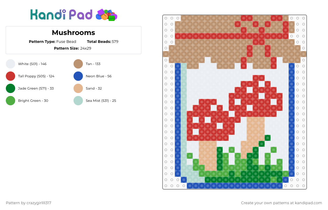 Mushrooms - Fuse Bead Pattern by crazygirllll317 on Kandi Pad - beige,red