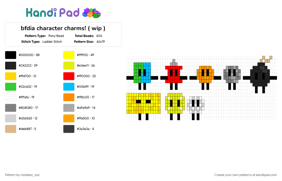 bfdia character charms! ( wip ) - Pony Bead Pattern by roobeez_osc on Kandi Pad - battle for dream island, bfdi, bfdi keychain, bfdia, charm, keychain, object show, osc, yellow