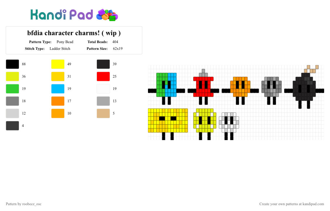 bfdia character charms! ( wip ) - Pony Bead Pattern by roobeez_osc on Kandi Pad - battle for dream island, bfdi, bfdi keychain, bfdia, charm, keychain, object show, osc, yellow