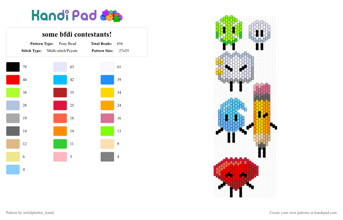 some bfdi contestants! - Pony Bead Pattern by roobeez_osc on Kandi Pad - green,light blue,red,bfdi,osc,battle for dream island,freesmart,objectshow,tpot,bfb,bfdia
