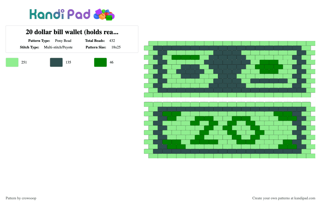 20 dollar bill wallet (holds real bills) - Pony Bead Pattern by crowsoop on Kandi Pad - 