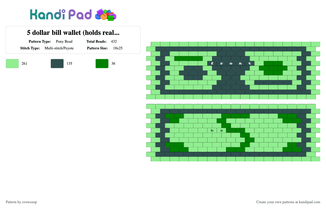 5 dollar bill wallet (holds real bills) - Pony Bead Pattern by crowsoop on Kandi Pad - 