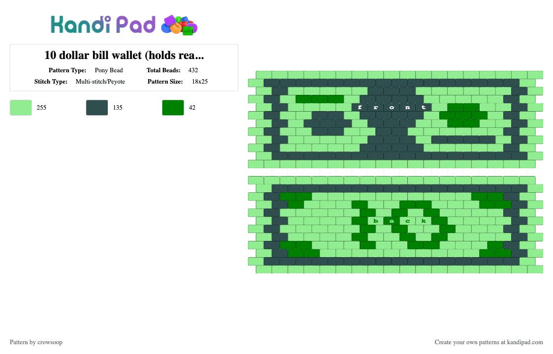 10 dollar bill wallet (holds real bills) - Pony Bead Pattern by crowsoop on Kandi Pad - 