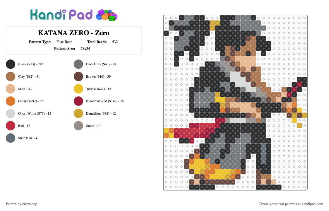 KATANA ZERO - Zero - Fuse Bead Pattern by crowsoop on Kandi Pad - black,brown,gray,tan