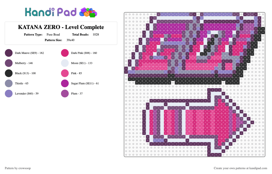KATANA ZERO - Level Complete - Fuse Bead Pattern by crowsoop on Kandi Pad - pink