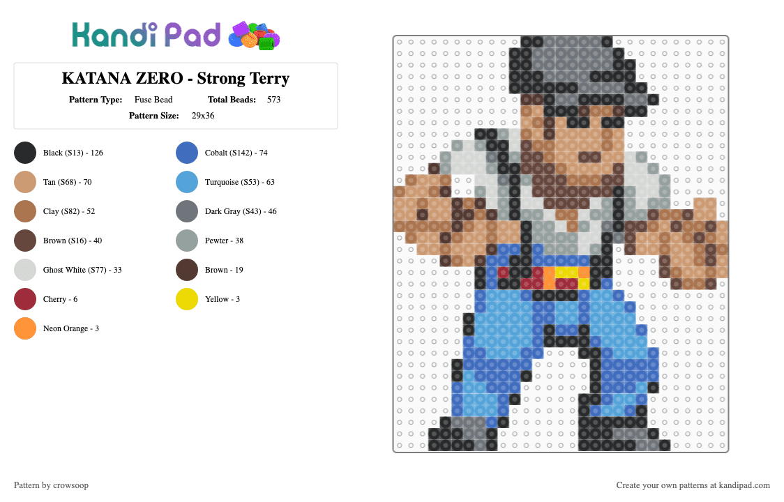 KATANA ZERO - Strong Terry - Fuse Bead Pattern by crowsoop on Kandi Pad - blue,gray,tan,beige,colorful