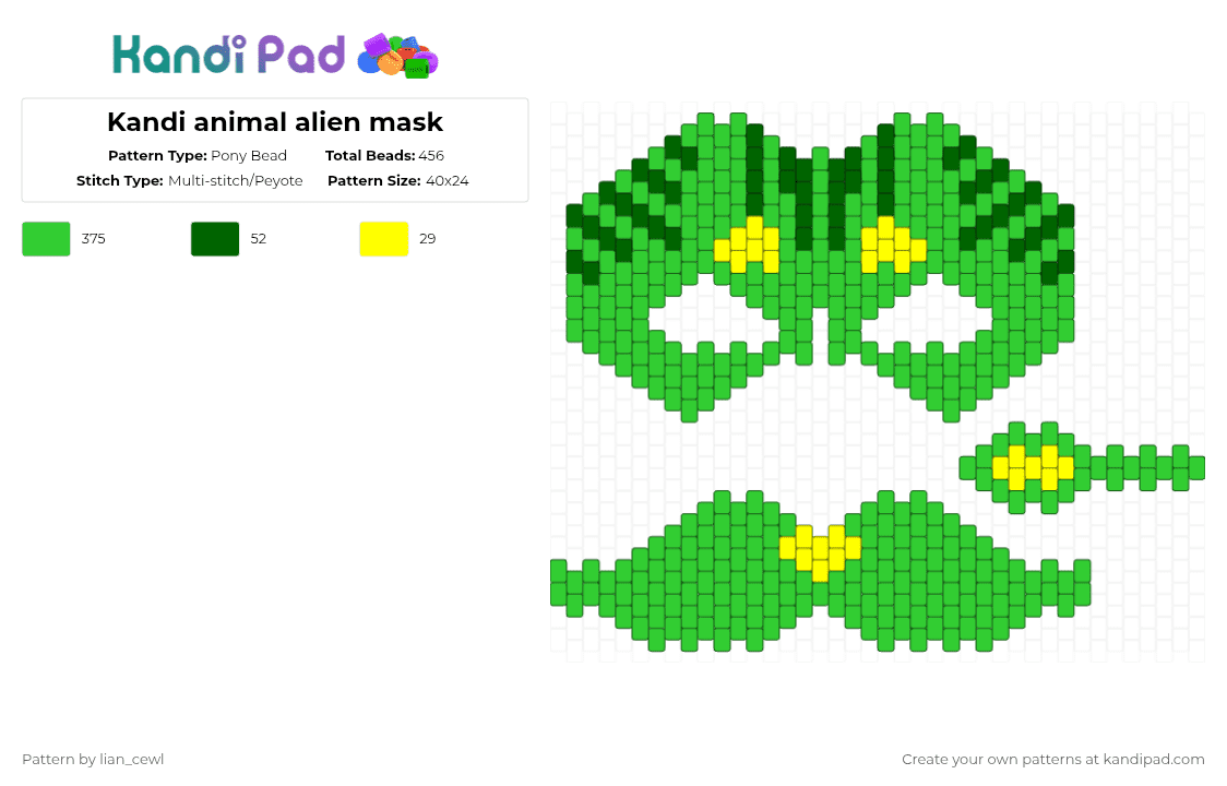 Kandi animal alien mask - Pony Bead Pattern by lian_cewl on Kandi Pad - green