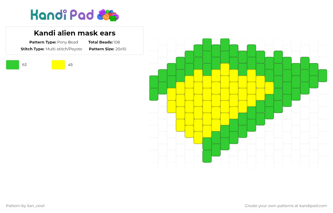 Kandi alien mask ears - Pony Bead Pattern by lian_cewl on Kandi Pad - green,yellow