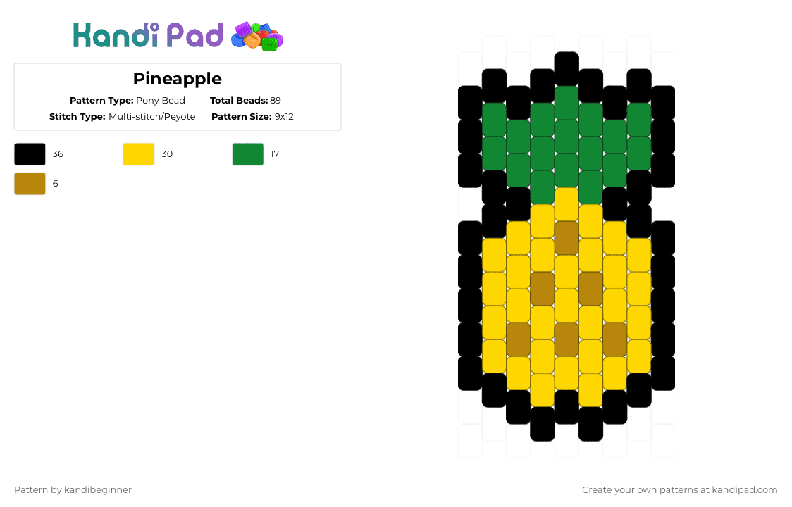 Pineapple - Pony Bead Pattern by kandibeginner on Kandi Pad - pineapple,fruit,food,charm,green,yellow