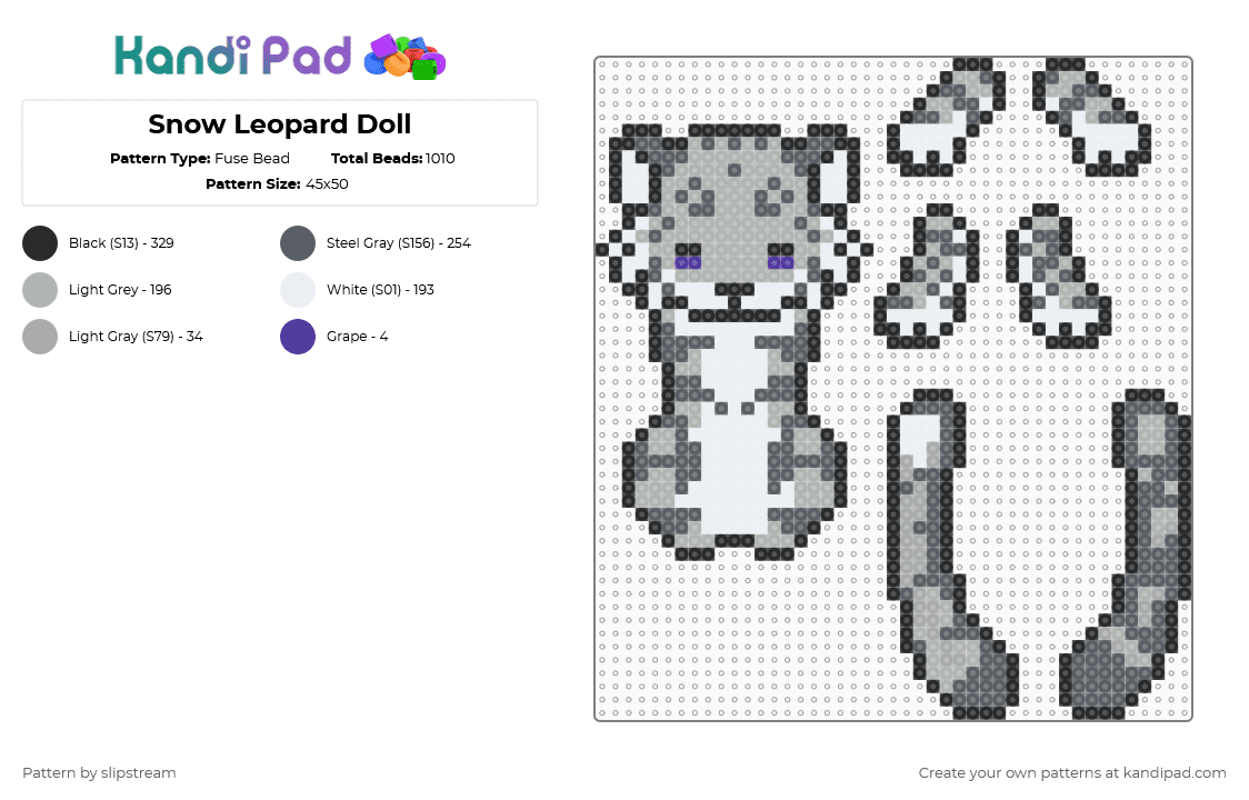 Snow Leopard Doll - Fuse Bead Pattern by slipstream on Kandi Pad - beige,gray,doll,ragdoll,snow leopard,cat,leopard,3d
