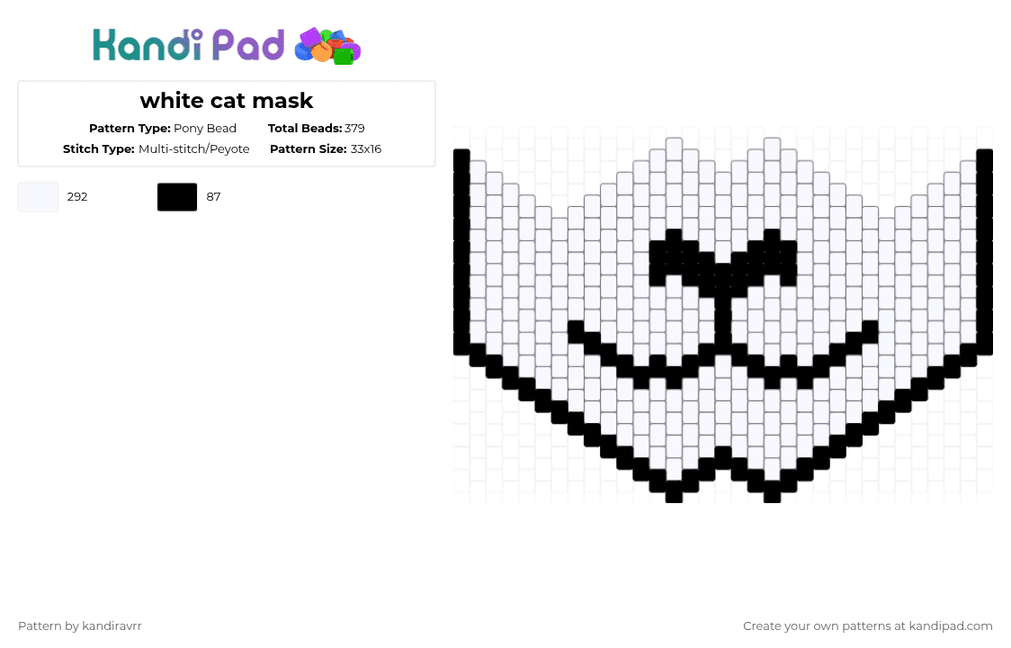 white cat mask - Pony Bead Pattern by kandiravrr on Kandi Pad - white