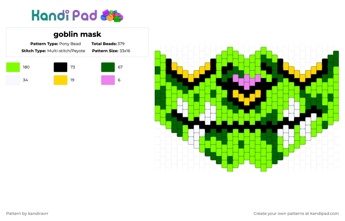 goblin mask - Pony Bead Pattern by kandiravrr on Kandi Pad - green