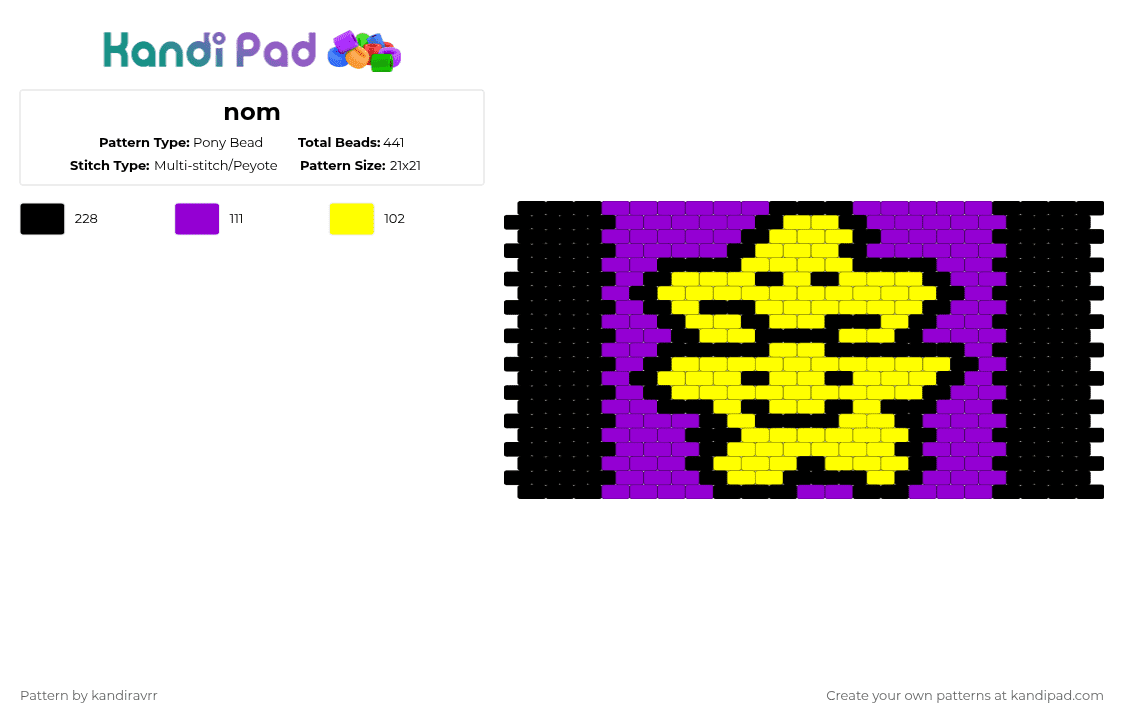 nom - Pony Bead Pattern by kandiravrr on Kandi Pad - yellow,purple