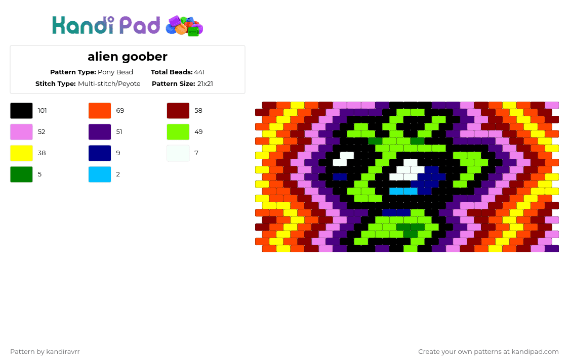 alien goober - Pony Bead Pattern by kandiravrr on Kandi Pad - purple,green,red,pink