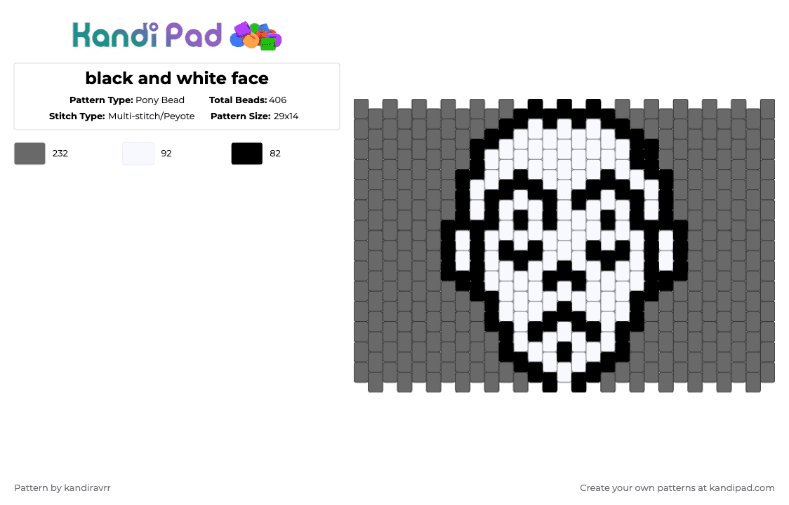 black and white face - Pony Bead Pattern by kandiravrr on Kandi Pad - white,gray