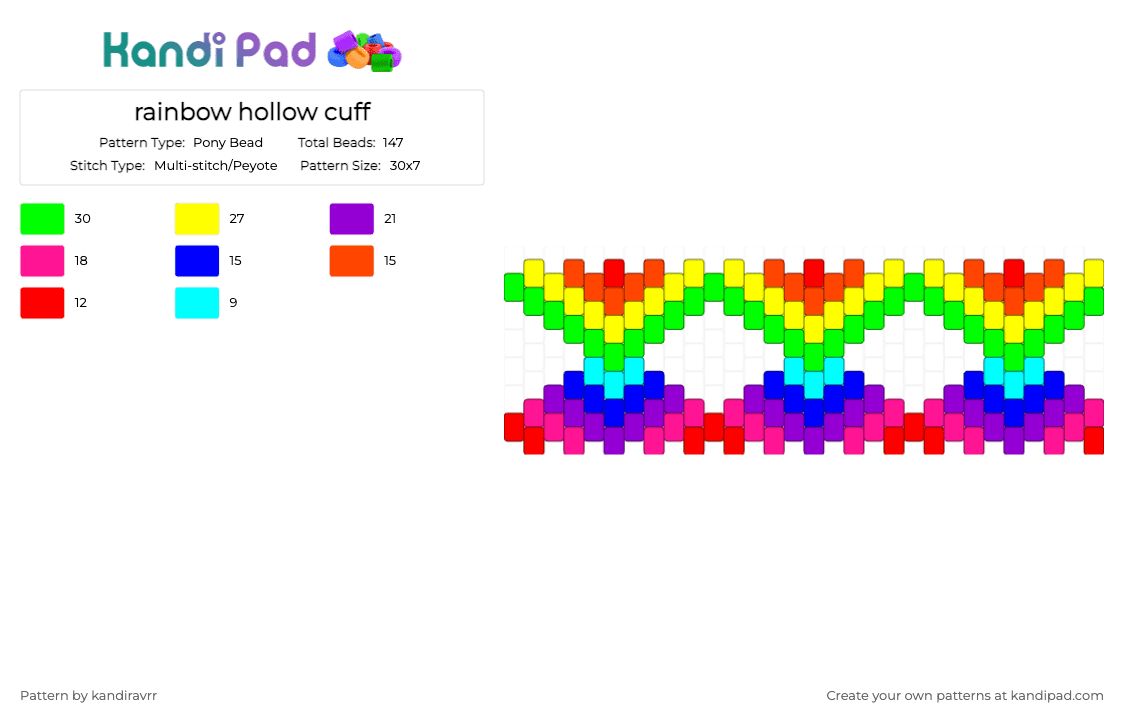 rainbow hollow cuff - Pony Bead Pattern by kandiravrr on Kandi Pad - green,purple,red,yellow