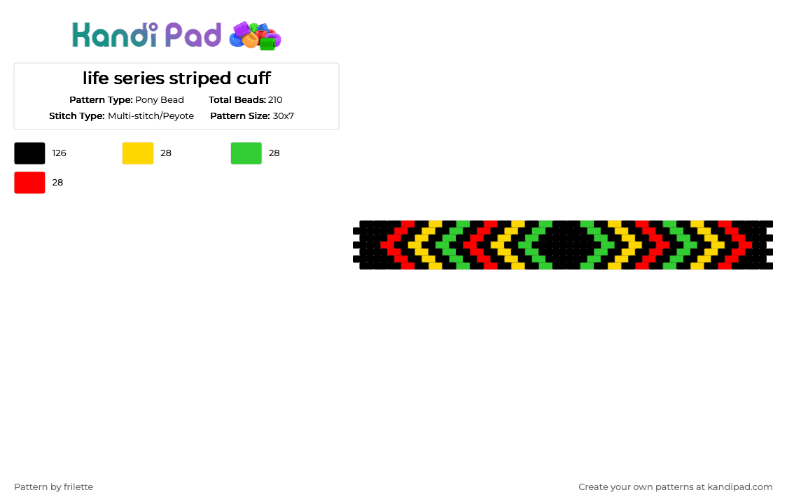 life series striped cuff - Pony Bead Pattern by frilette on Kandi Pad - black,yellow,green,red,life series,mcyt