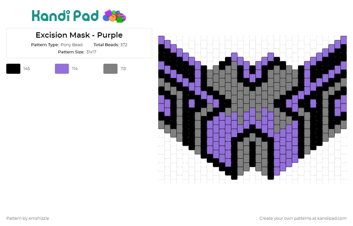 Excision Mask - Purple - Pony Bead Pattern by emshizzle on Kandi Pad - excision,mask,dj,edm,dubstep,music,electrifying,festival,dynamic,purple,gray