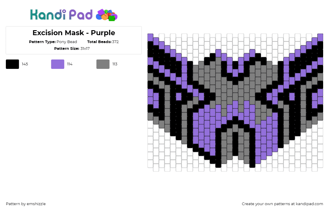 Excision Mask - Purple - Pony Bead Pattern by emshizzle on Kandi Pad - excision,mask,dj,edm,dubstep,music,electrifying,festival,purple,gray