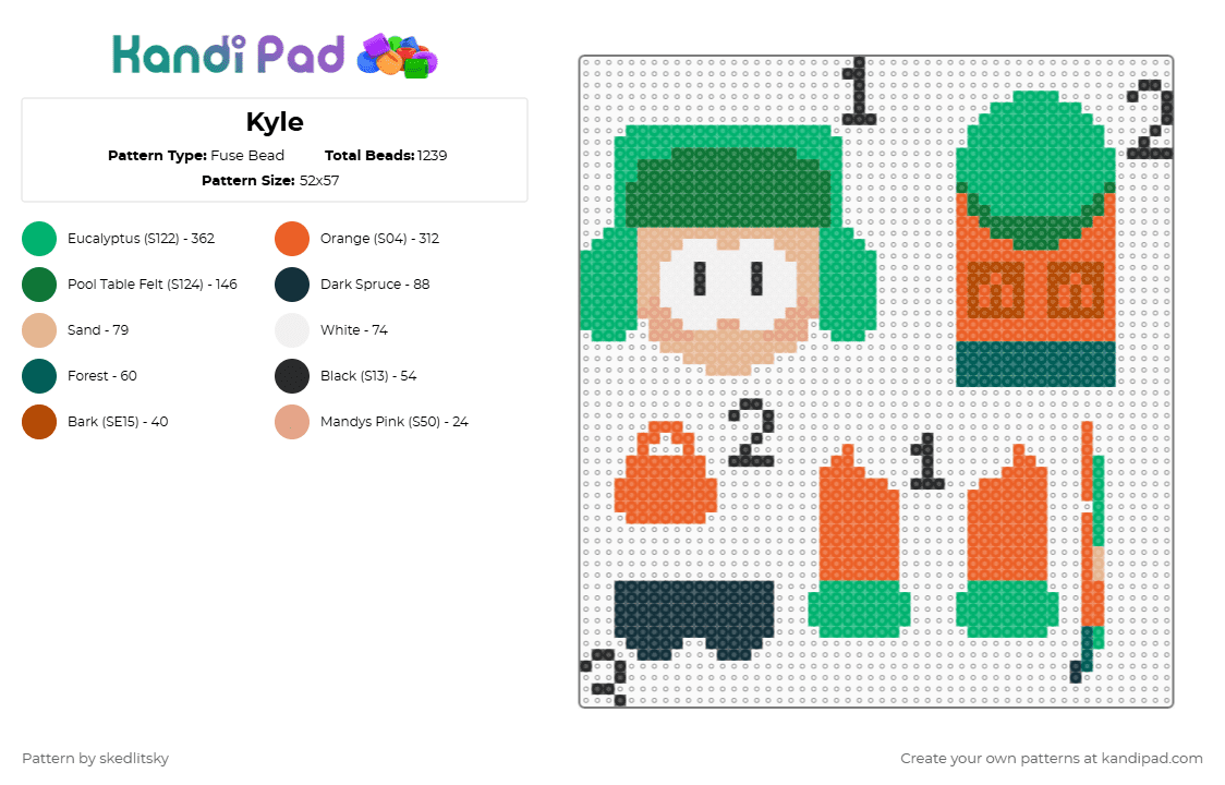 Kyle - Fuse Bead Pattern by skedlitsky on Kandi Pad - green,orange,kyle,south park,hanging doll