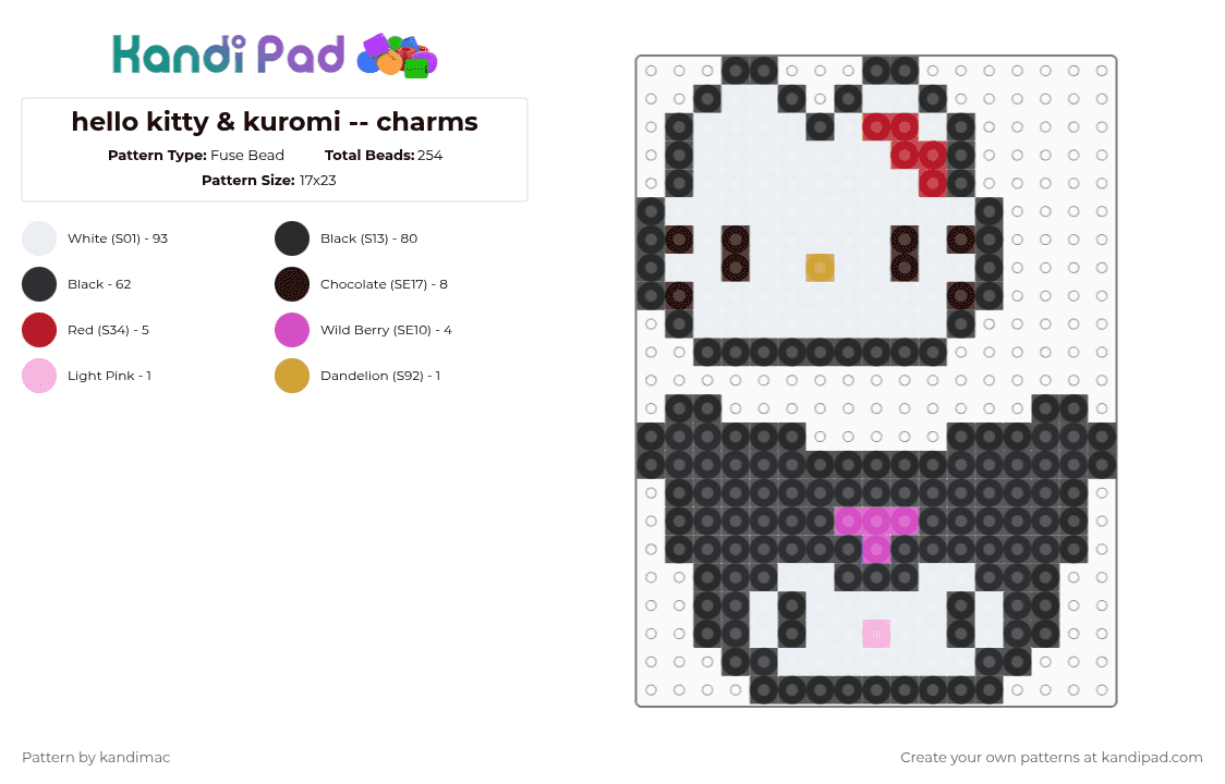 🧁 ;; hello kitty n kuromi perlers ~ ♪ - Fuse Bead Pattern by digitalangel on Kandi Pad - black,white,brown,red,colorful
