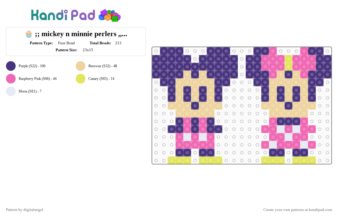 🧁 ;; mickey n minnie perlers ,, cotd ~ ♪ - Fuse Bead Pattern by digitalangel on Kandi Pad - purple,cotdthemeparks,mickey mouse,minnie mouse,disney