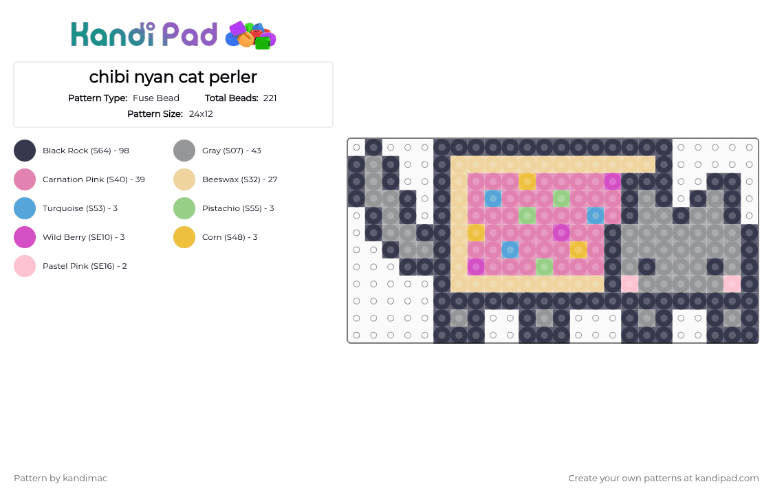 🌈 ;; chibi nyan cat perler ~ ♪ - Fuse Bead Pattern by digitalangel on Kandi Pad - purple,gray,pink,nyan cat
