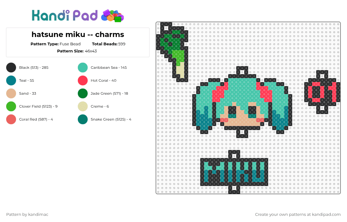 🧁 ;; hatsune miku perler set ~ ♪ - Fuse Bead Pattern by digitalangel on Kandi Pad - black,teal